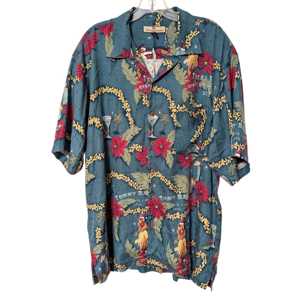 Tommy Bahama Surfing Santa Hula Girl‎ Every Day Is A Holiday Tropical Silk Shirt
